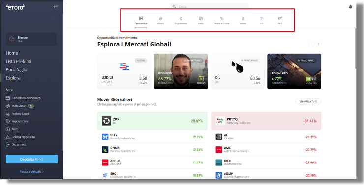 menu CFD eToro