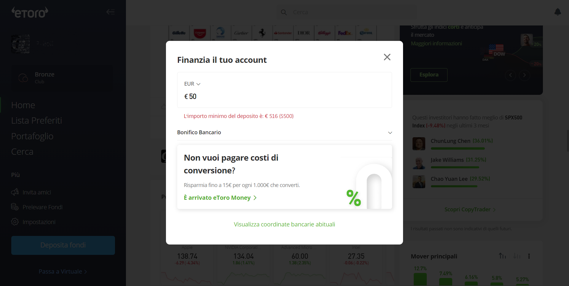 deposito minimo eToro bonifico bancario