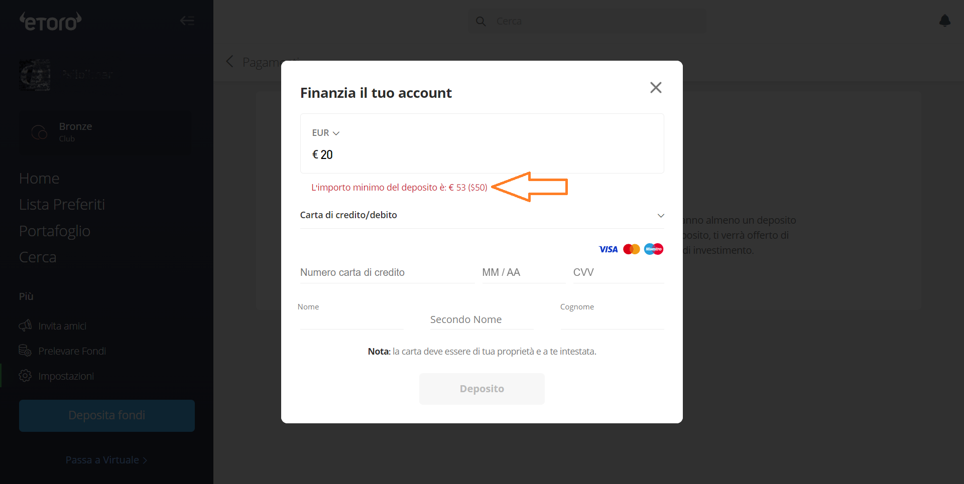 deposito minimo etoro carta credito