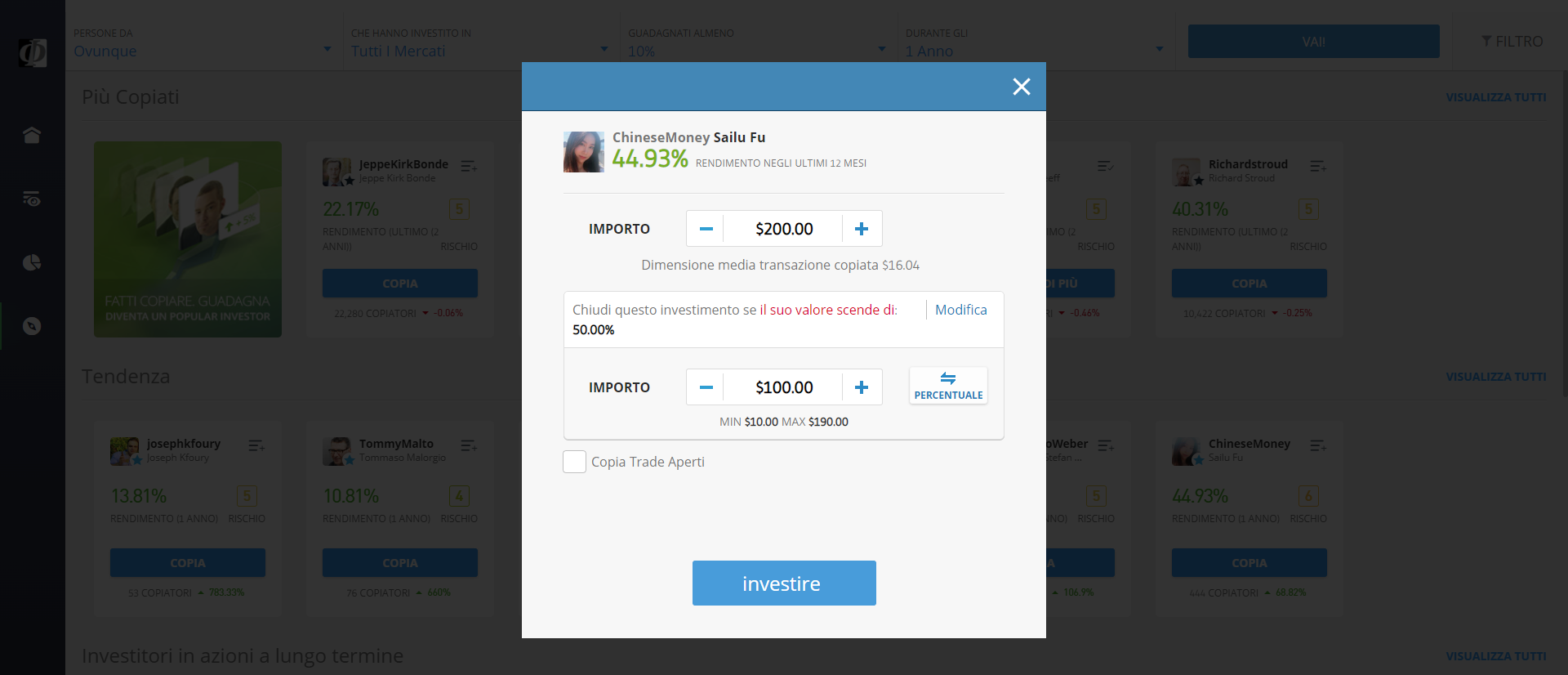 impostare Stop Loss copy trader eToro