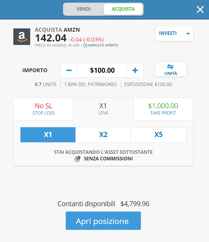 La finestra dell'ordine di eToro con vere azioni (leva 1x)