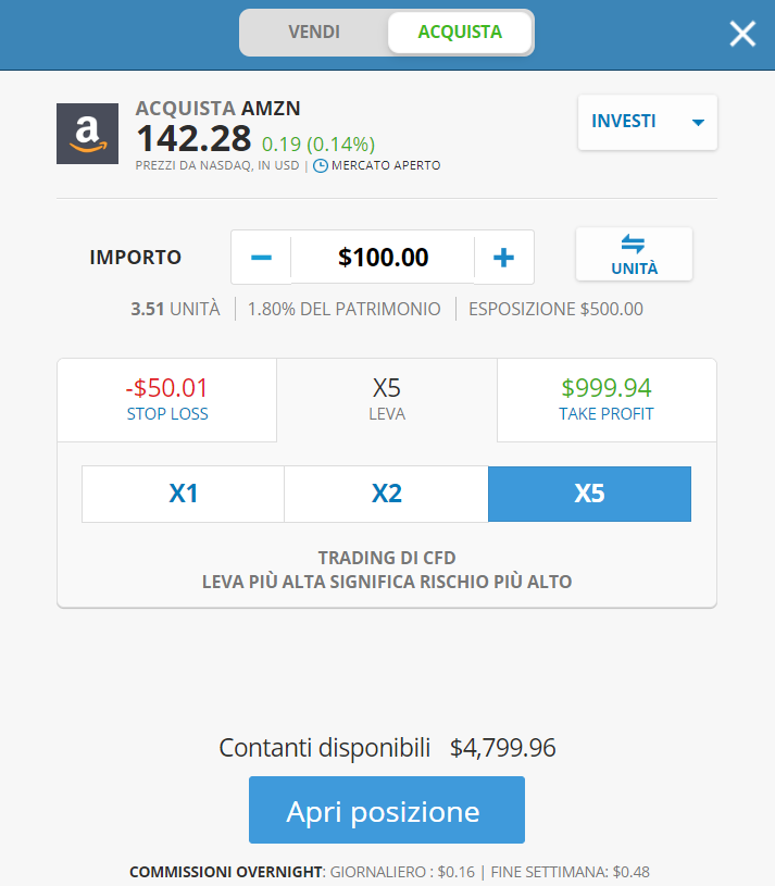 La finestra dell'ordine su eToro con leva 5x (si passa ai CFD)