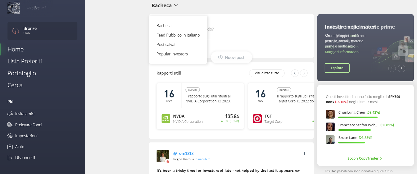 Home "la Bacheca" di eToro