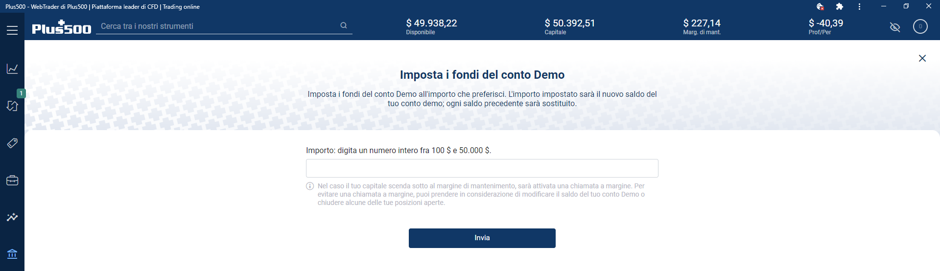 digitando cifra per il saldo del conto Demo